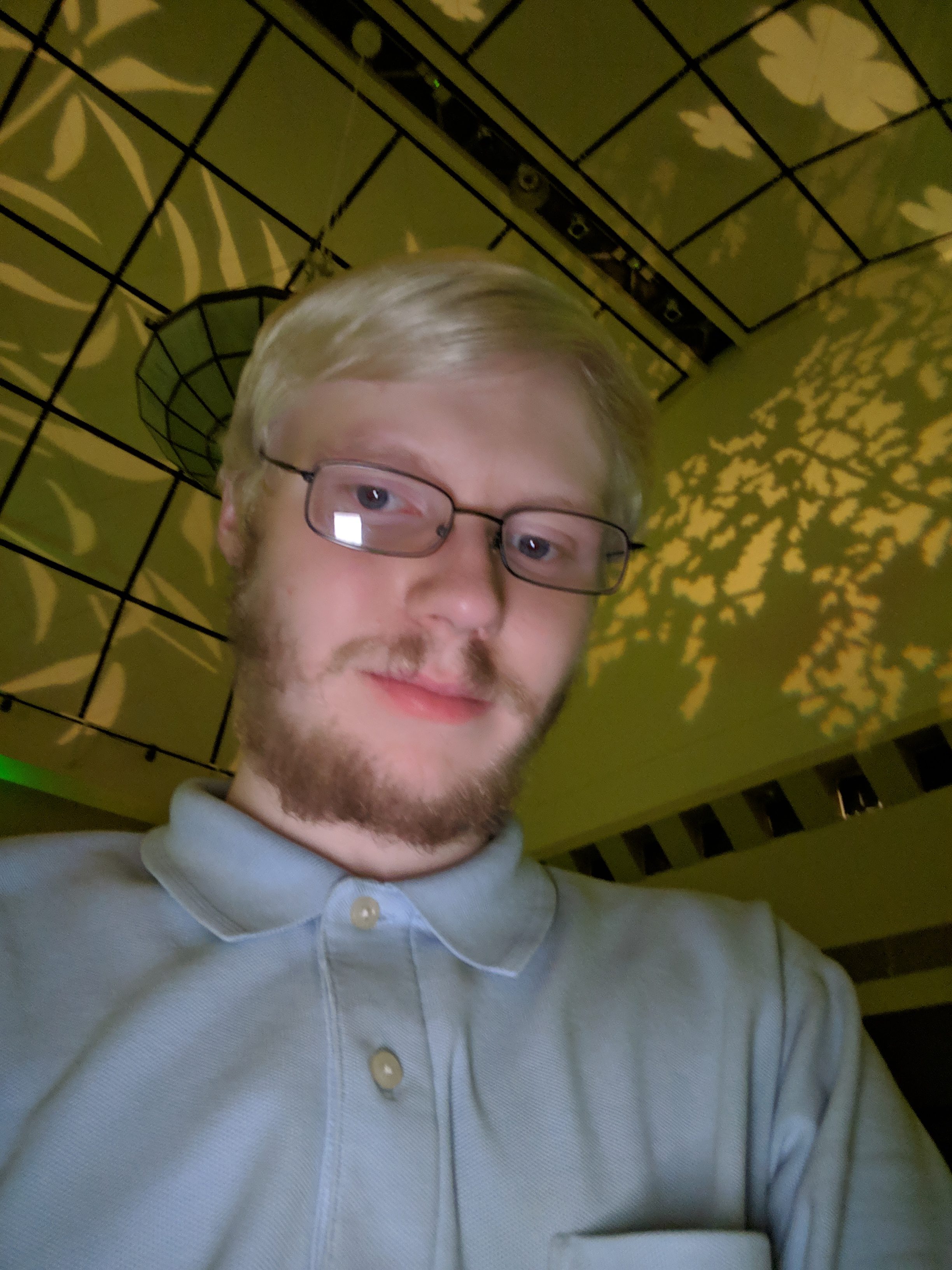 A selfie of scj643 in a dimly lit ball room with floral light patterns wearing a sky-blue polo shirt